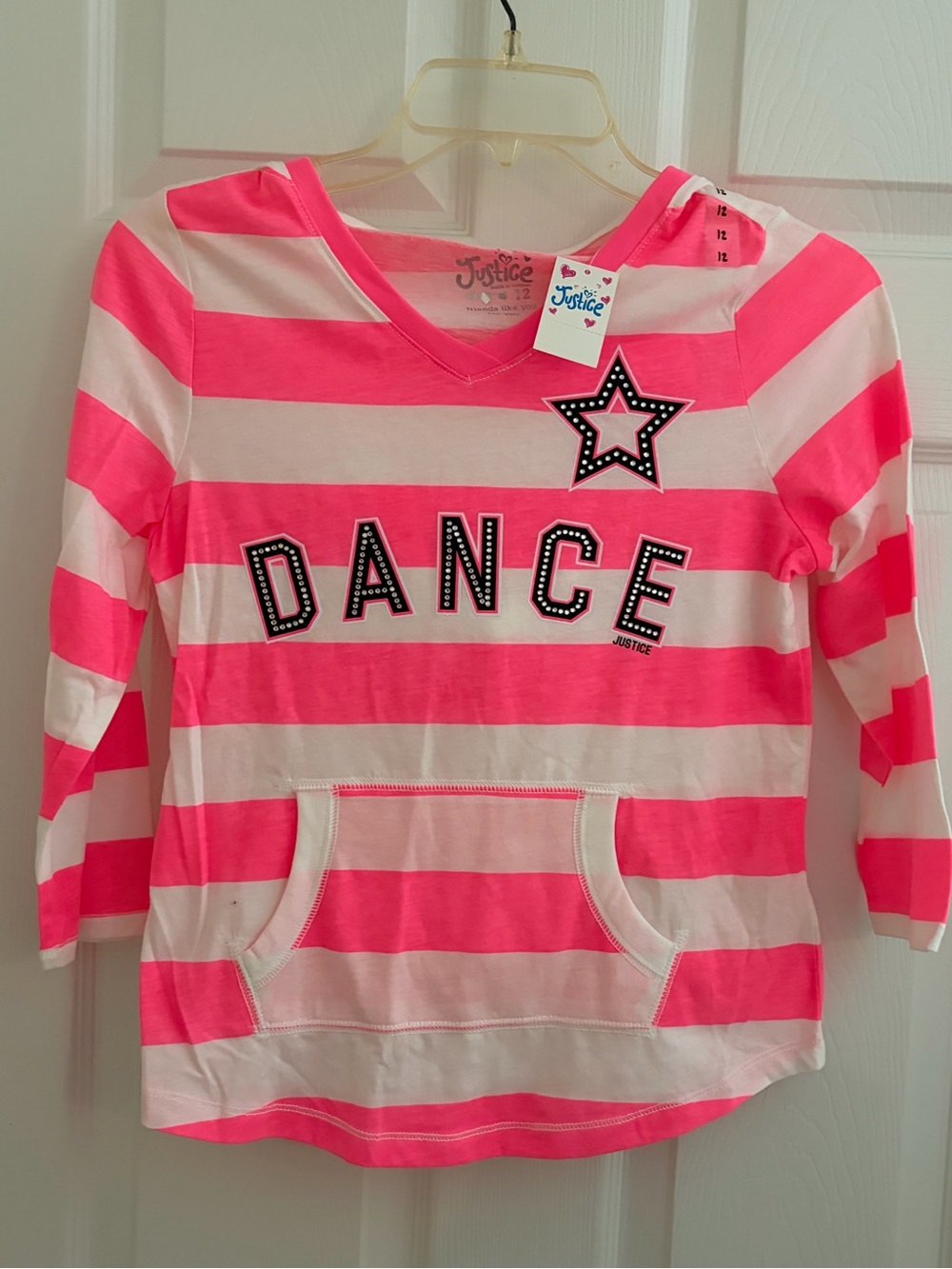 NWOT Justice Kids' Pink & White 'Dance' Stripe Hoodie Top